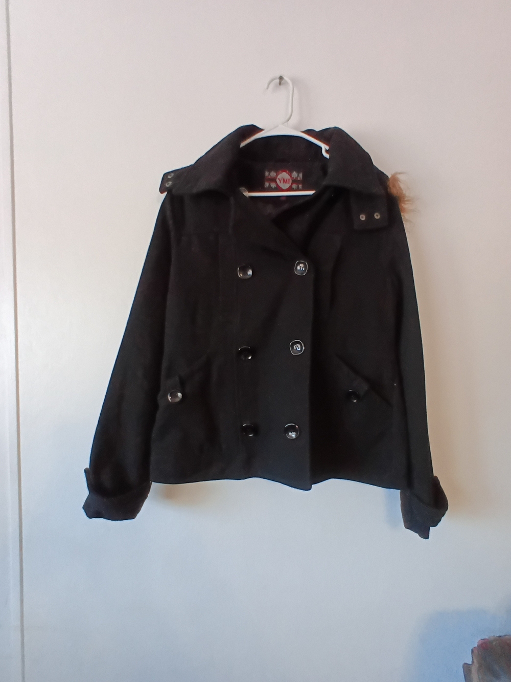 YMI double breasted pea coat w/removable hood XL